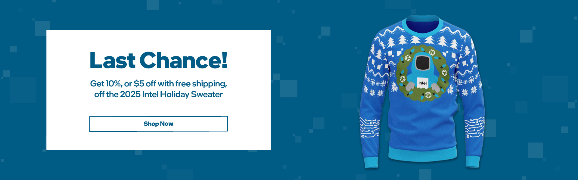 Hero banner featuring the 2025 Intel Holiday Sweater.